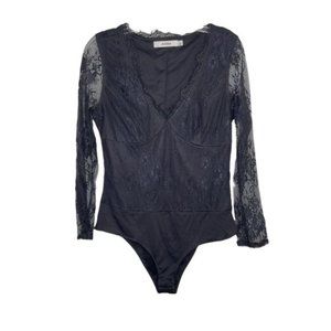 Just Fab Women's Size L Black Lace V-Neck Semi Sheer Long Sleeve Casual Bodysuit